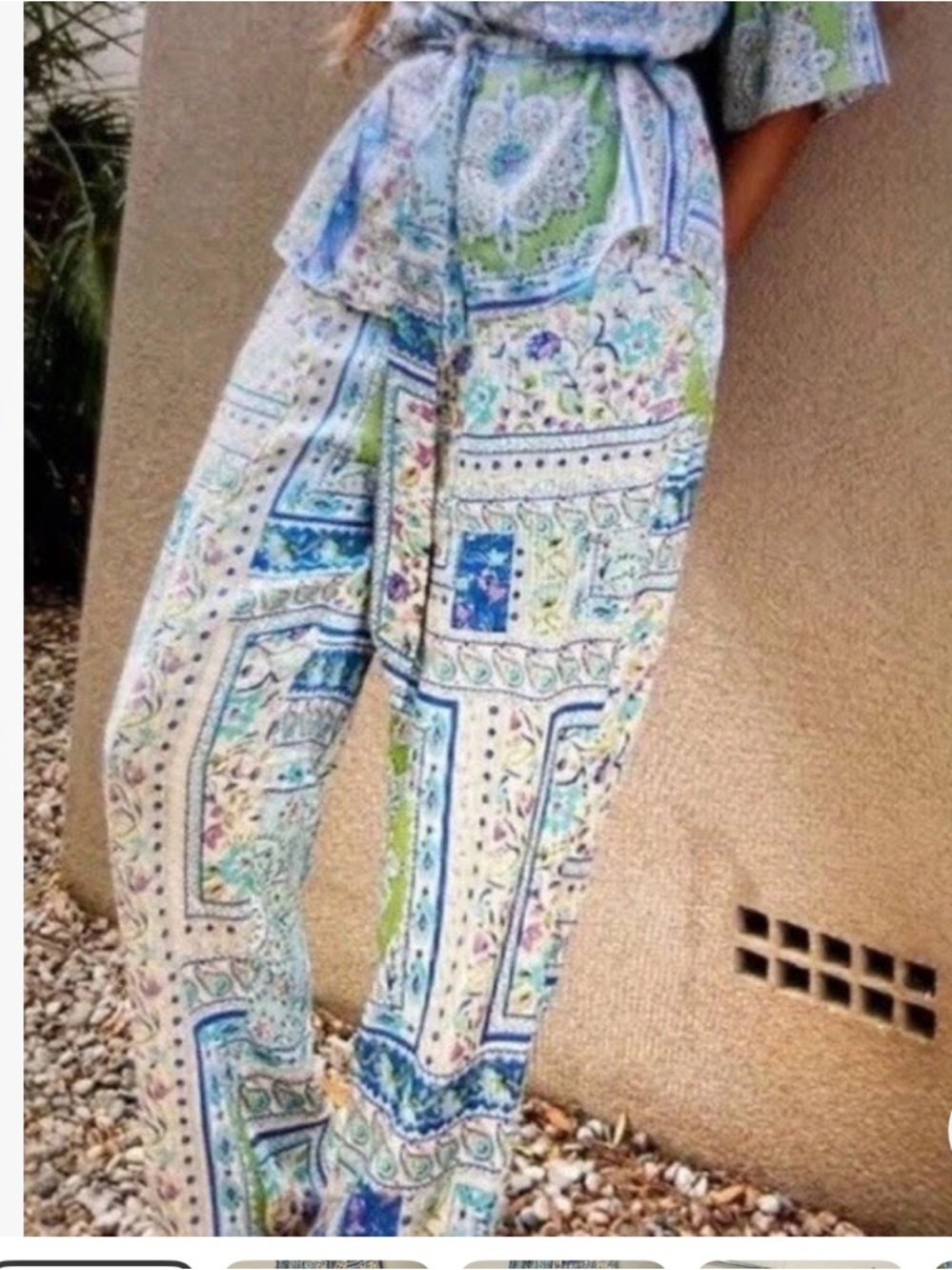 Zara The Cornelia Pant Boho Satin Lounge Boho Patchwork blue floral Medium NWT